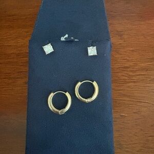 Gold Huggie Hoop Earrings + Square CZ Studs